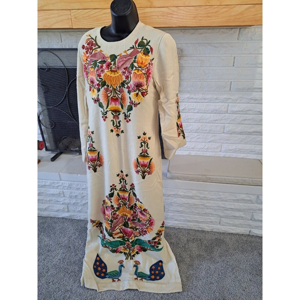 Heavily Embroidered Kaftan Maxi Dress Women's S Multicolor Peacock Bird Floral